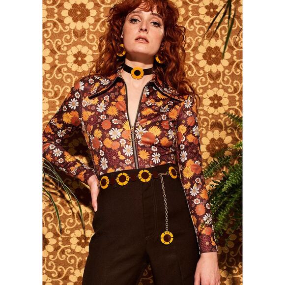 The Hippie Shake Heroe Floral Brown Bodysuit Longsleeve Top Womens Size 8 - Picture 1 of 14